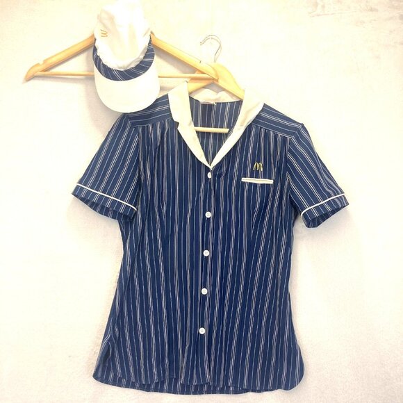 Vintage 80s McDonald's Uniform Top & Hat Womens Medium Retro Costume Shirt CREST - Picture 1 of 16